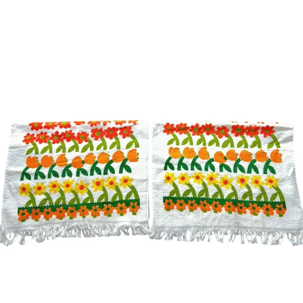 2 NOS vintage floral towels 1970s orange yellow green flower fringe edges retro
